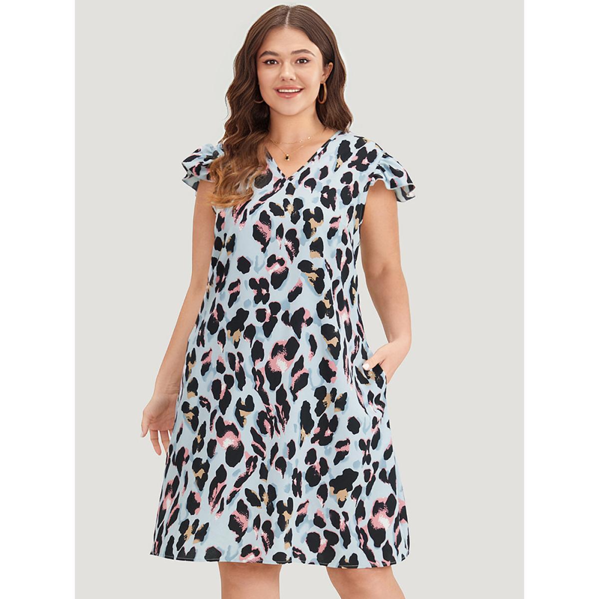 Plus Size Colour Leopard Print Pocket Ruffle Cap Sleeve Dress LightBlue Women Elegant V-neck Cap Sleeve Curvy Knee Dress BloomChic 28/5X Product Image