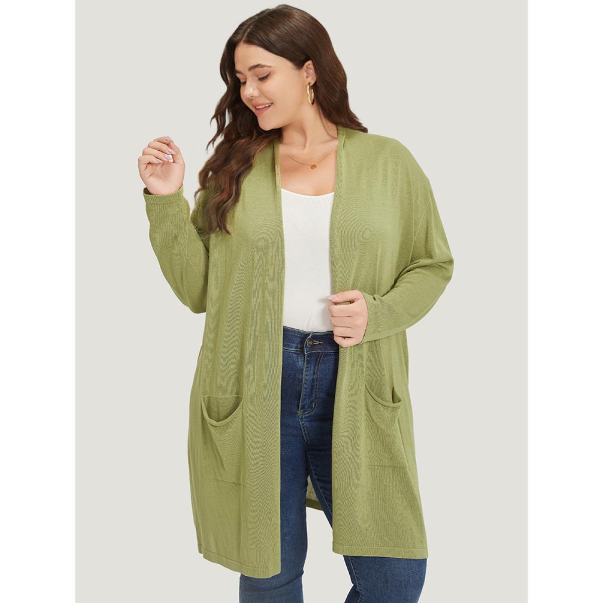 Plus Size Solid Patched Pocket Open Front Tunic Cardigan Moss Women Casual Loose Long Sleeve Dailywear Cardigans BloomChic 22-24/3X Product Image