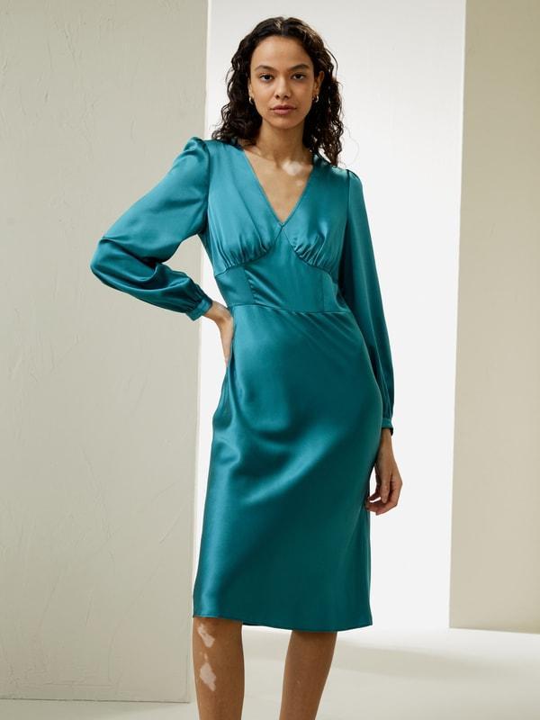 V-Neck Silk Waisted Dress Product Image