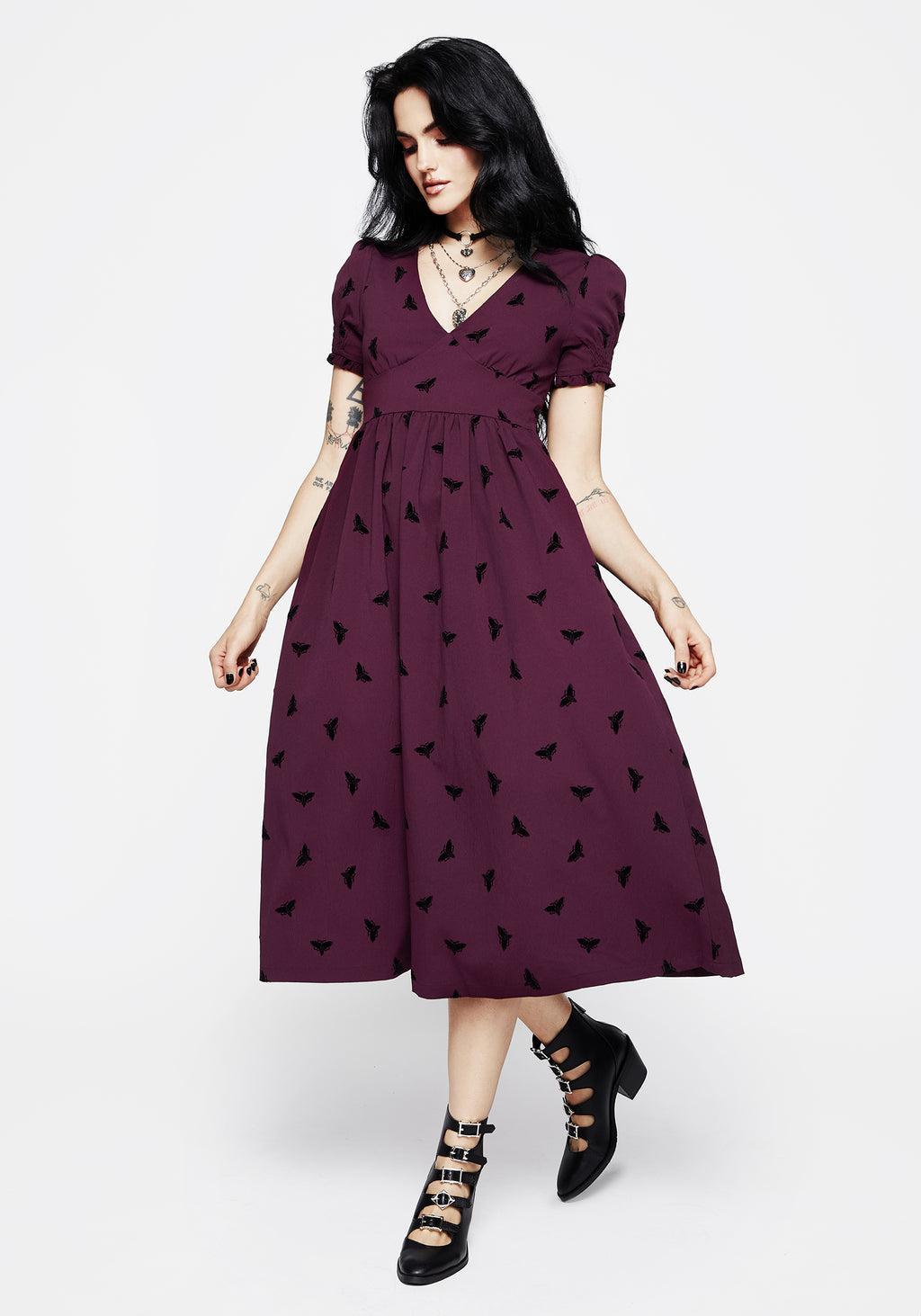 Styx Moth Flocked Velour Print Midi Dress Product Image