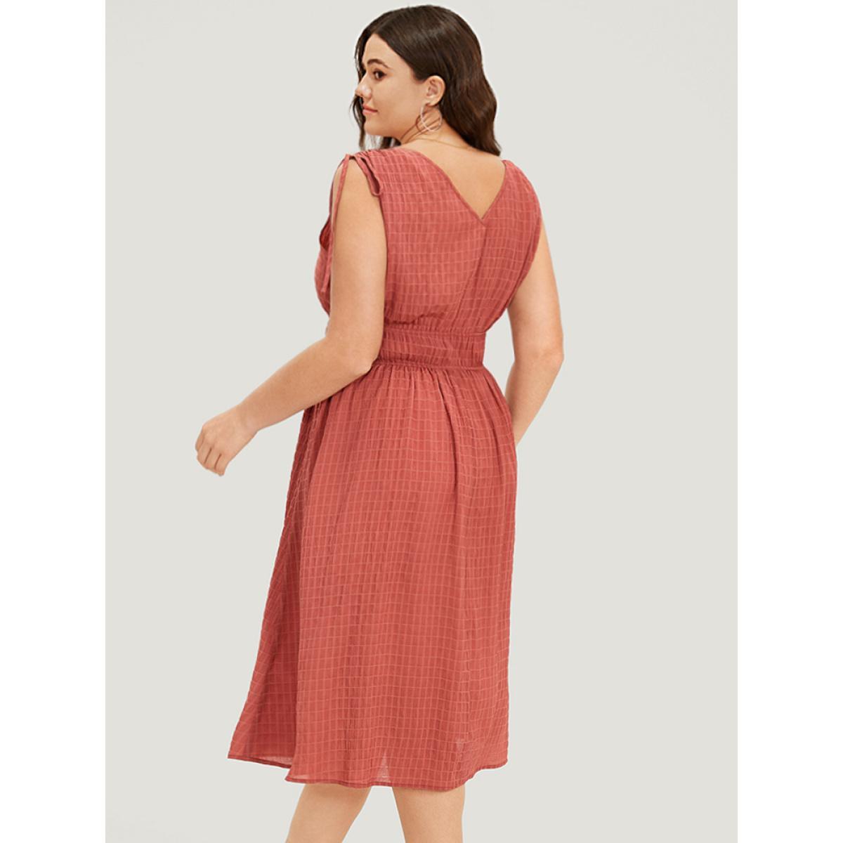 Plus Size V Neck Drawstring Sleeveless Pocket Elastic Waist Dress Coral Women Elegant Gathered V-neck Sleeveless Curvy Midi Dress BloomChic 10/M Product Image
