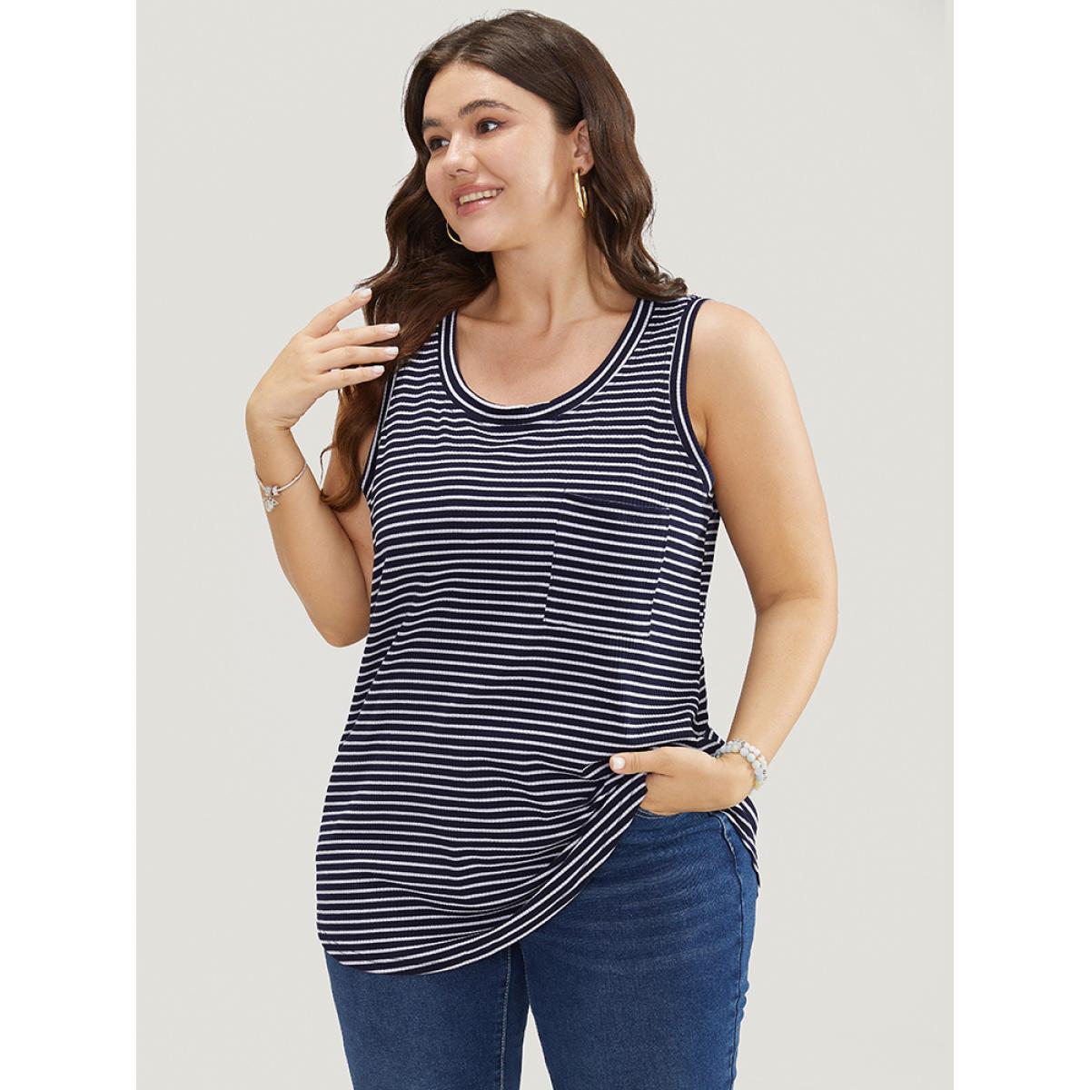Plus Size Striped Pocket Arc Hem Tank Top Women Indigo Casual Everyday Tank Tops Camis BloomChic 10/M Product Image