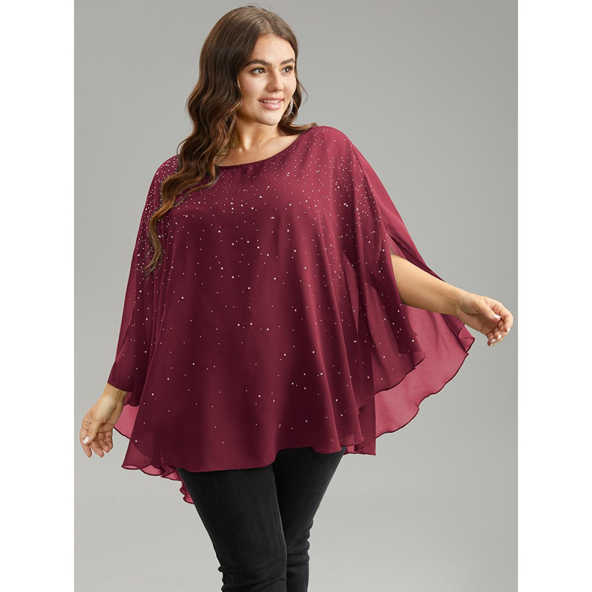 Plus Size Scarlet Chiffon Rhinestone Split Dolman Sleeve Blouse Women Cocktail Elbow-length sleeve Round Neck Party Blouses BloomChic 28/5X Product Image