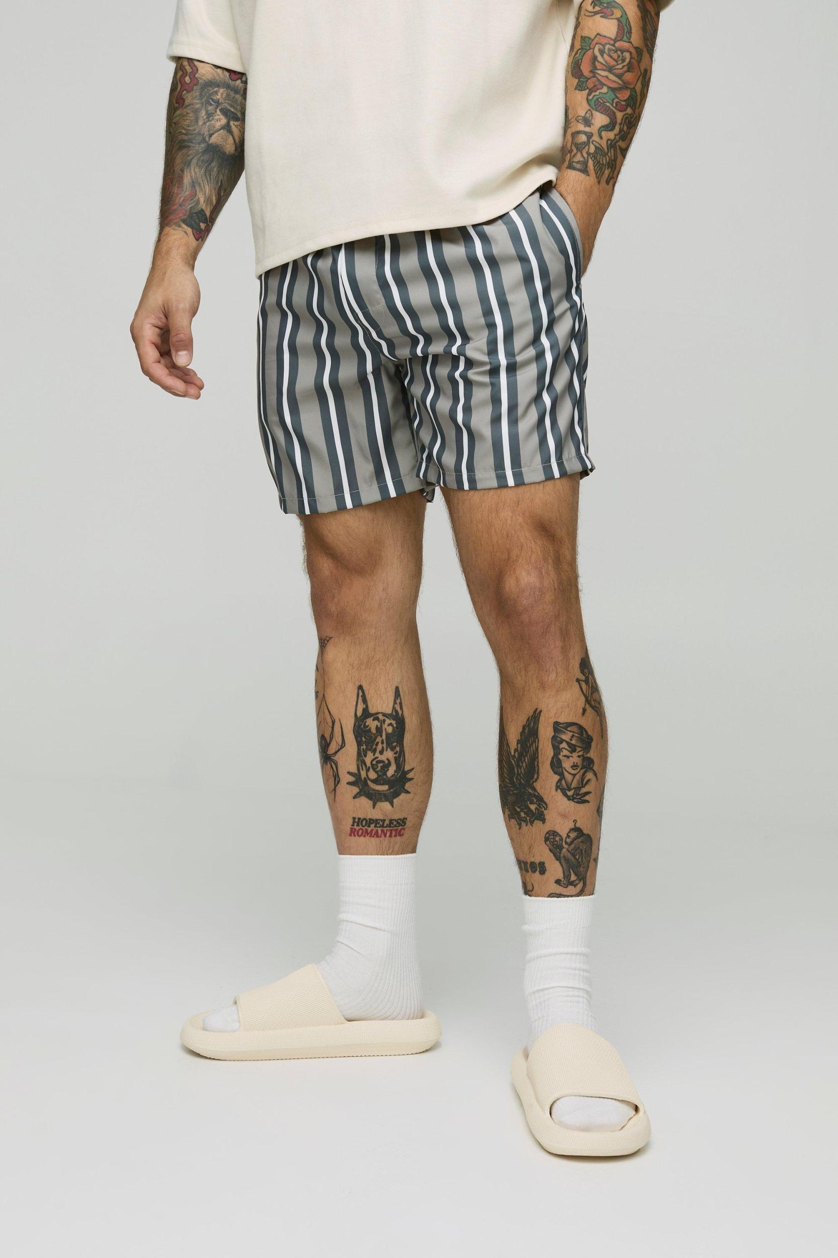 Regular Mid Length Stripe Swim Trunks | boohooMAN USA Product Image