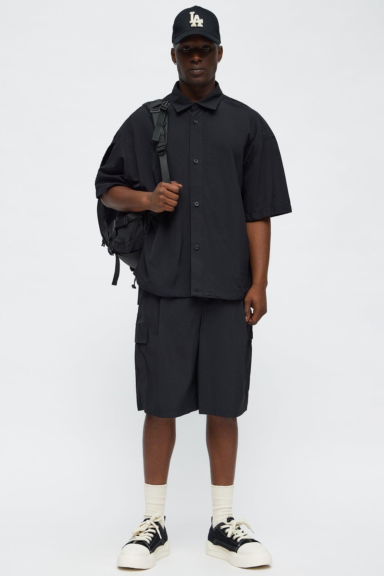 Oversized Philip Nylon Button Up Shirt - Black Product Image