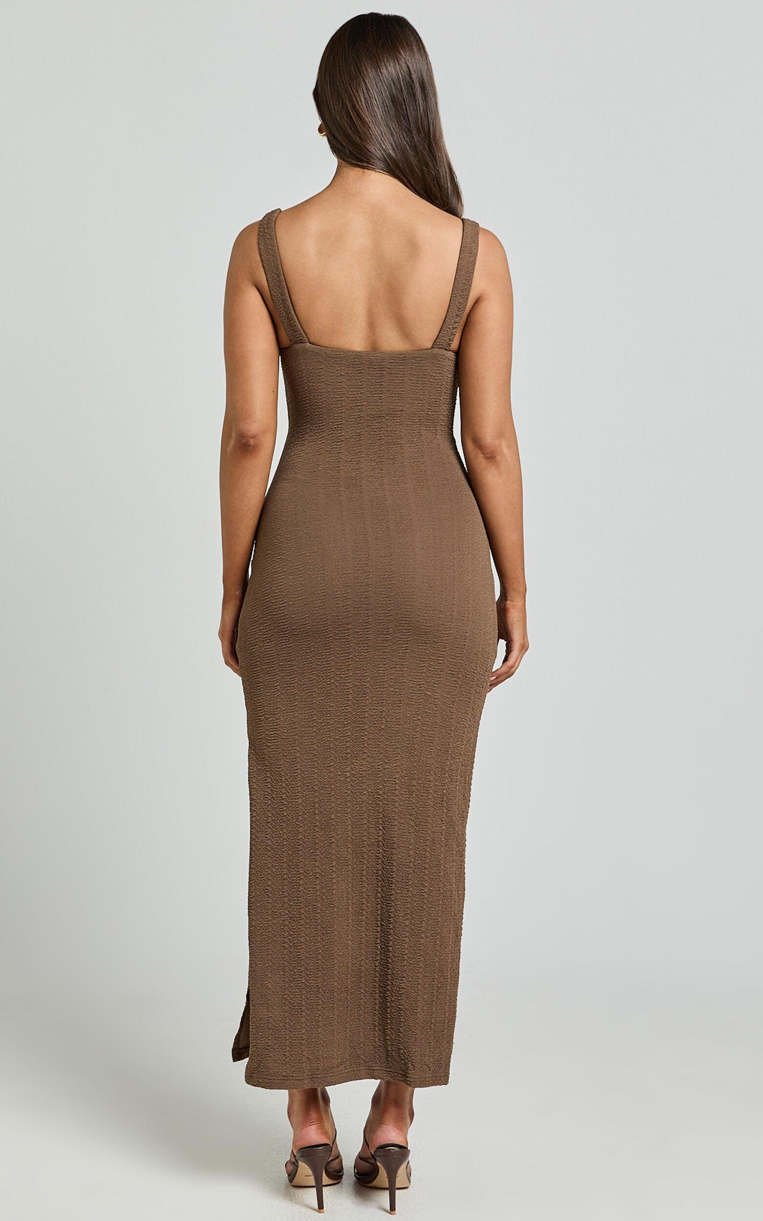 Bianca Midi Dress - Twist Front Cut Out Ruched Dress in Brown Product Image