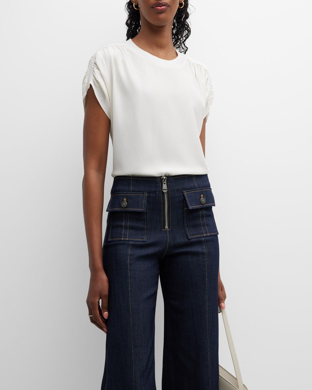 Lorainne Short Ruched-Sleeve Silk Top Product Image