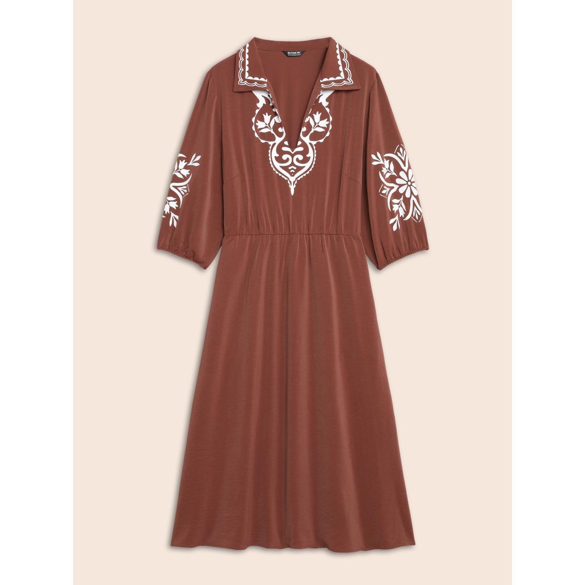 Plus Size Precision Printing Waist-Cinching Midi Dress Rust Women Resort Contrast Lapel Collar Elbow-length sleeve Curvy BloomChic 28/5X Product Image