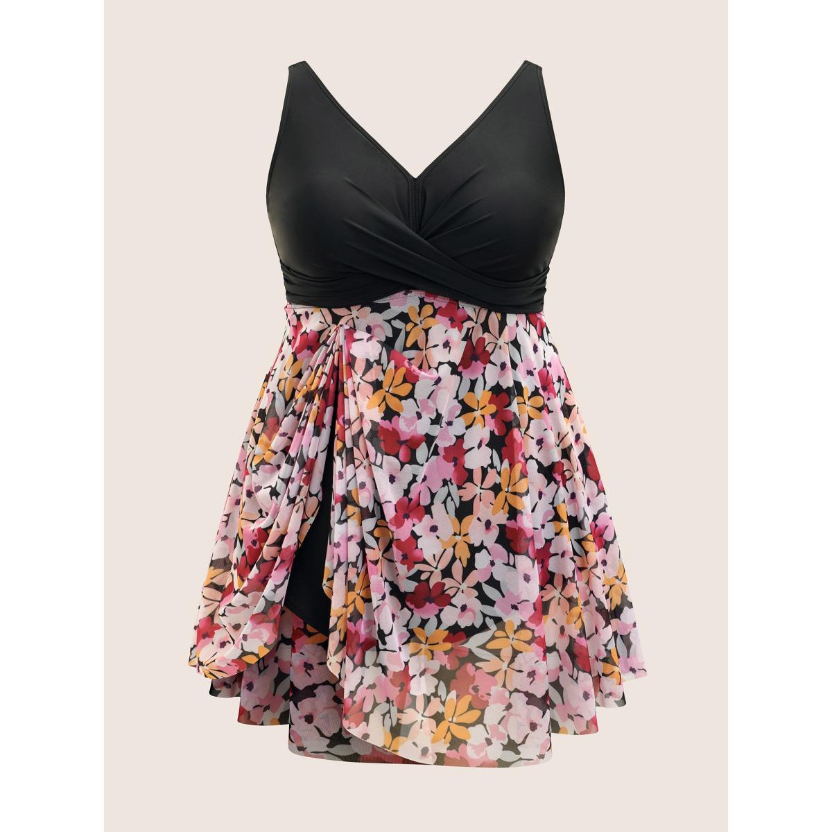 Plus Size Floral Patchwork Mesh Crossover Swim Dress Women's Swimwear Black Beach Bodycon V-neck High stretch Curve Swim Dresses BloomChic 10/M Product Image