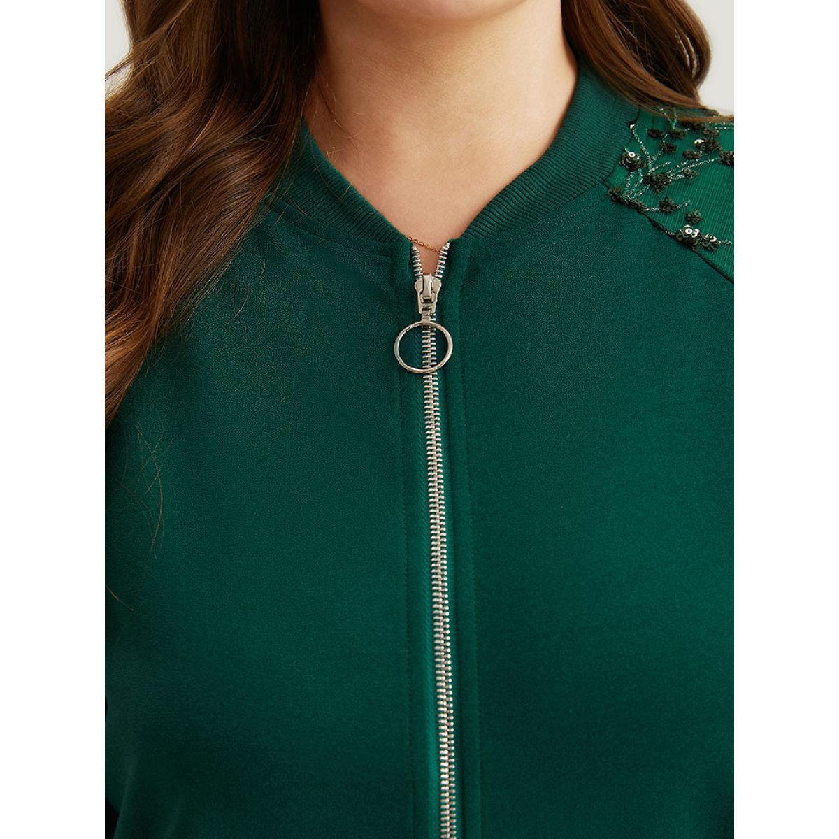 Plus Size Embroidered Patchwork Mesh Zipper Jacket Women Green Elastic cuffs Dailywear Jackets BloomChic 30/6X Product Image