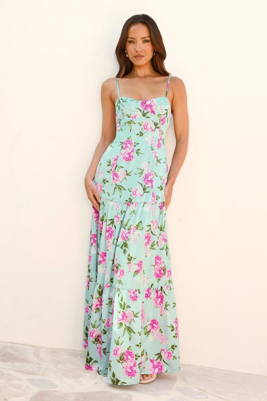 Wildflower Whimsy Satin Maxi Dress Green Product Image