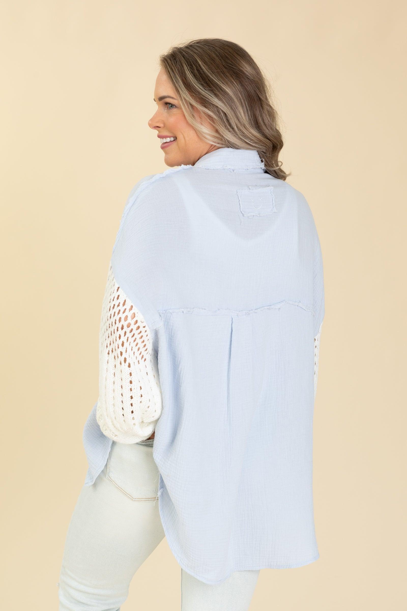 Contrast Sweater Sleeves Button Up Top Product Image