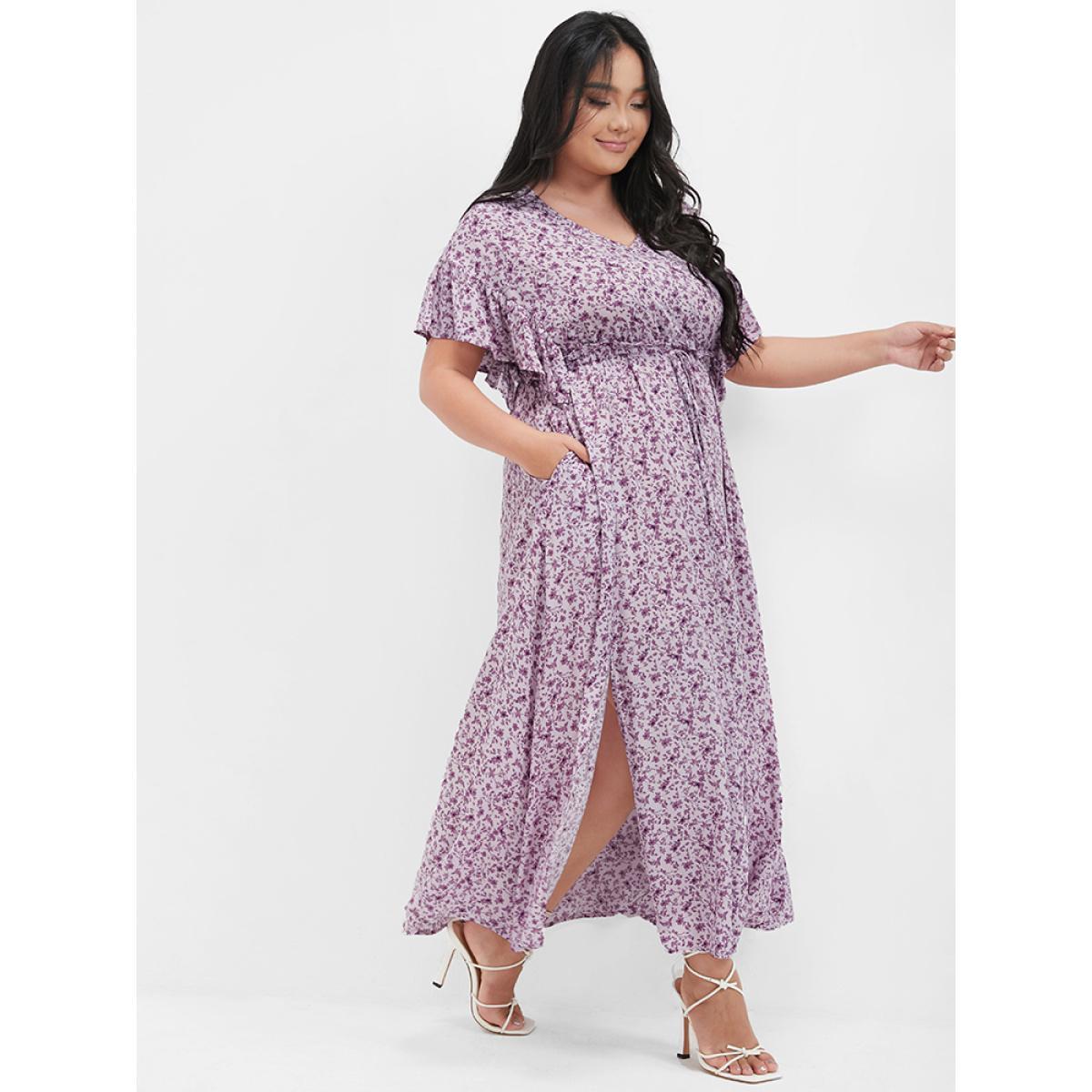 Plus Size Ditsy Floral Ruffles Pocket Button Split Maxi Dress Plum Women Elegant Printed V-neck Cap Sleeve Curvy Long Dress BloomChic 28/5X Product Image