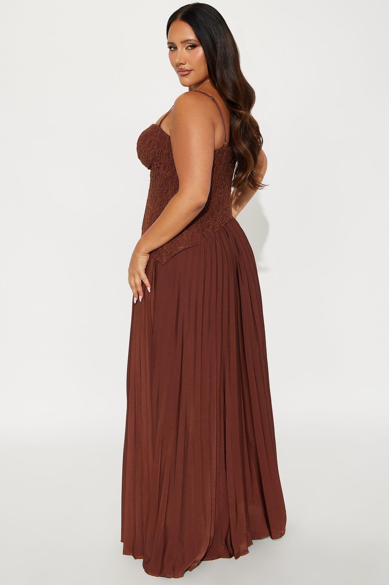 Daniella Lace Corset Pleated Maxi Dress - Chocolate Product Image