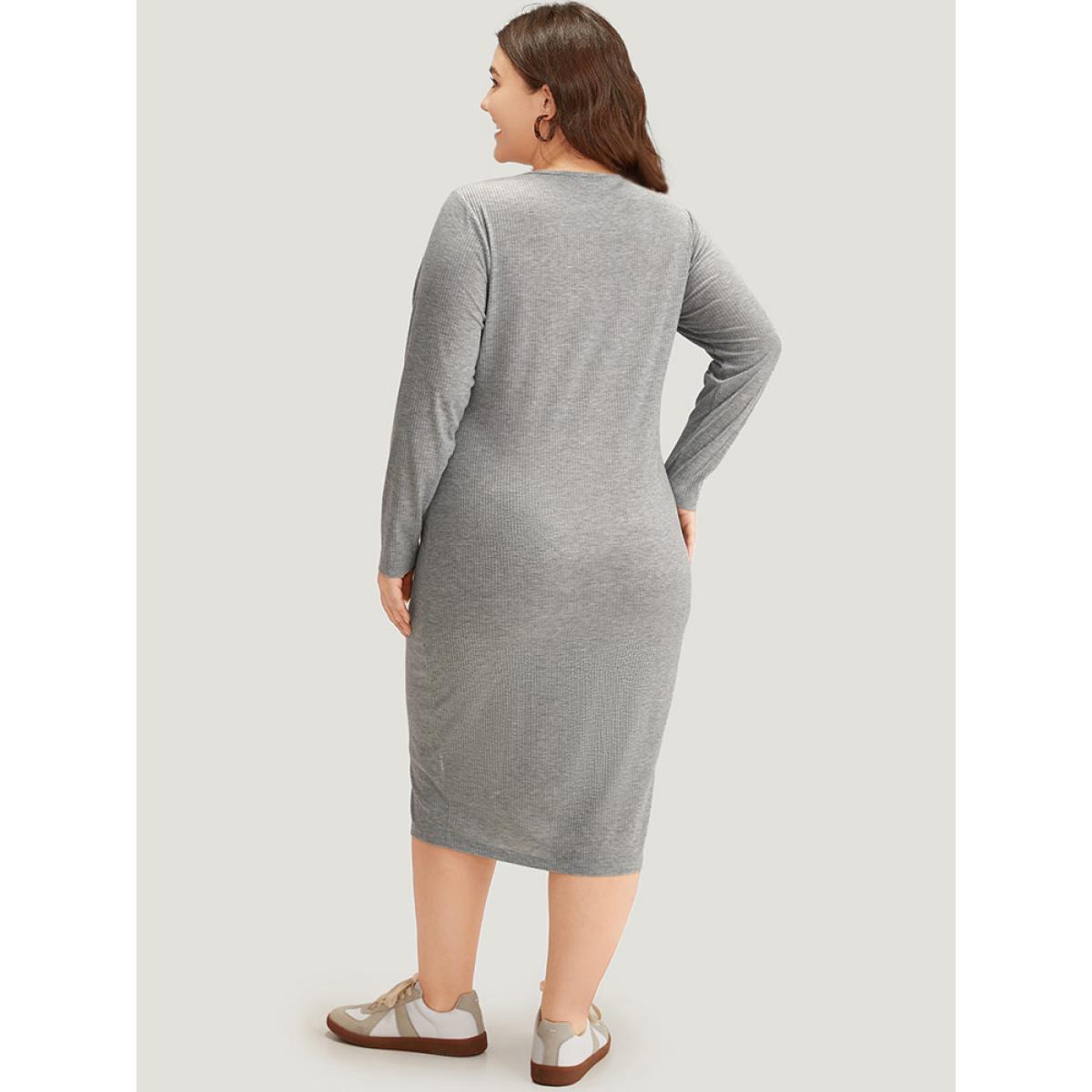 Plus Size Two Tone V Neck Button Detail Split Front Dress LightGray Women Casual Plain V-neck Half Sleeve Curvy Midi Dress BloomChic 18-20/2X Product Image