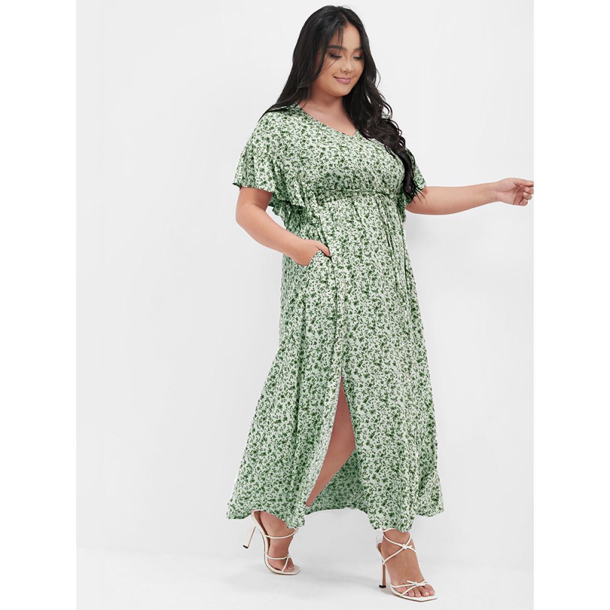 Plus Size Ditsy Floral Ruffles Pocket Button Split Maxi Dress LightGreen Women Elegant Printed V-neck Cap Sleeve Curvy Long Dress BloomChic 26/4X Product Image