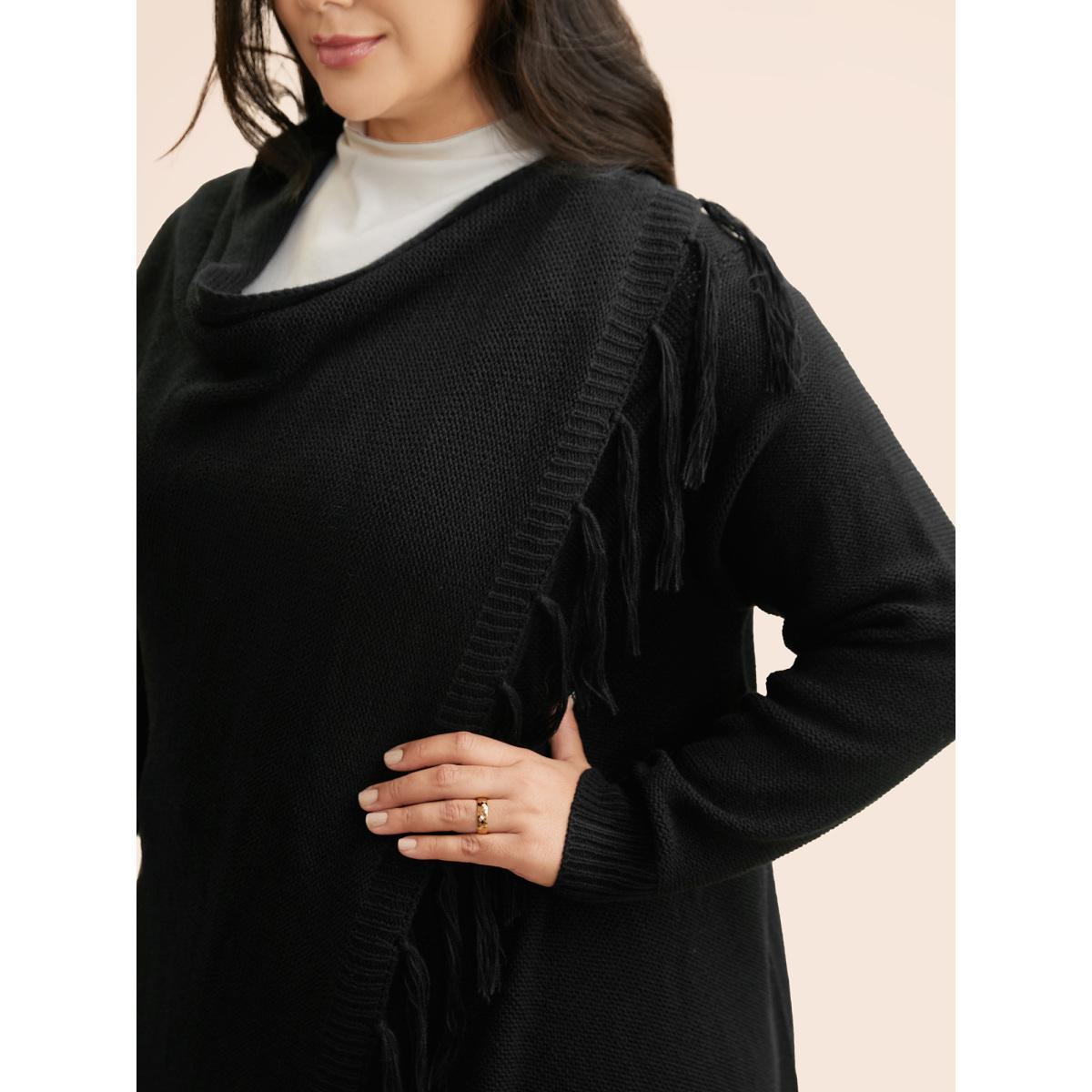 Plus Size Texture Tassel Trim Asymmetrical Hem Cardigan Black Women Casual Loose Long Sleeve Everyday Cardigans BloomChic 30/6X Product Image