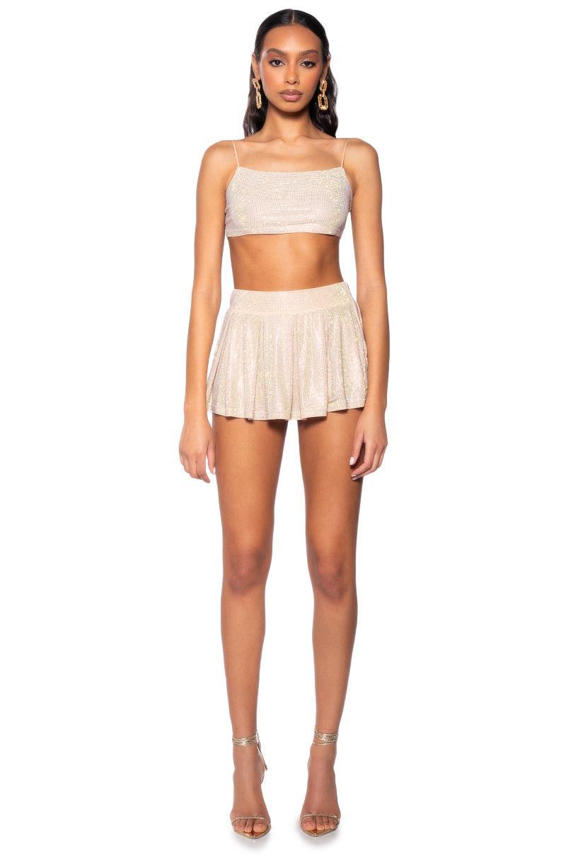 DIAMONDS DANCING PLEATED MINI SKIRT IN BEIGE Product Image