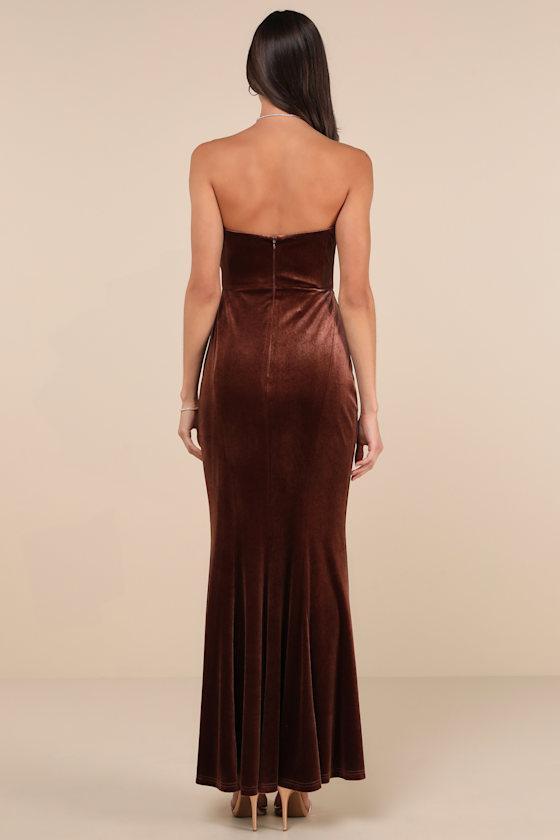 Perfectly Captivating Brown Velvet Strapless Maxi Dress Product Image