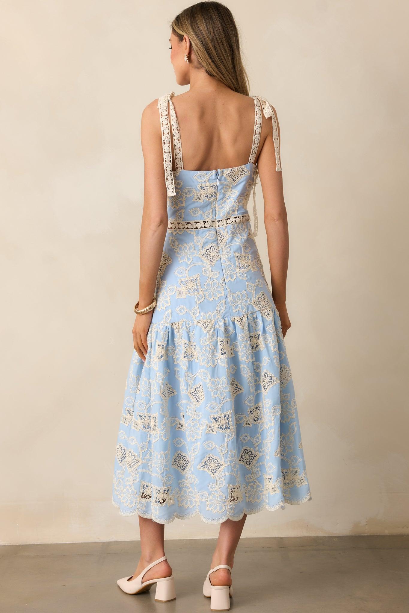Rooftop Romance Sky Blue Floral Embroidered Midi Dress Product Image