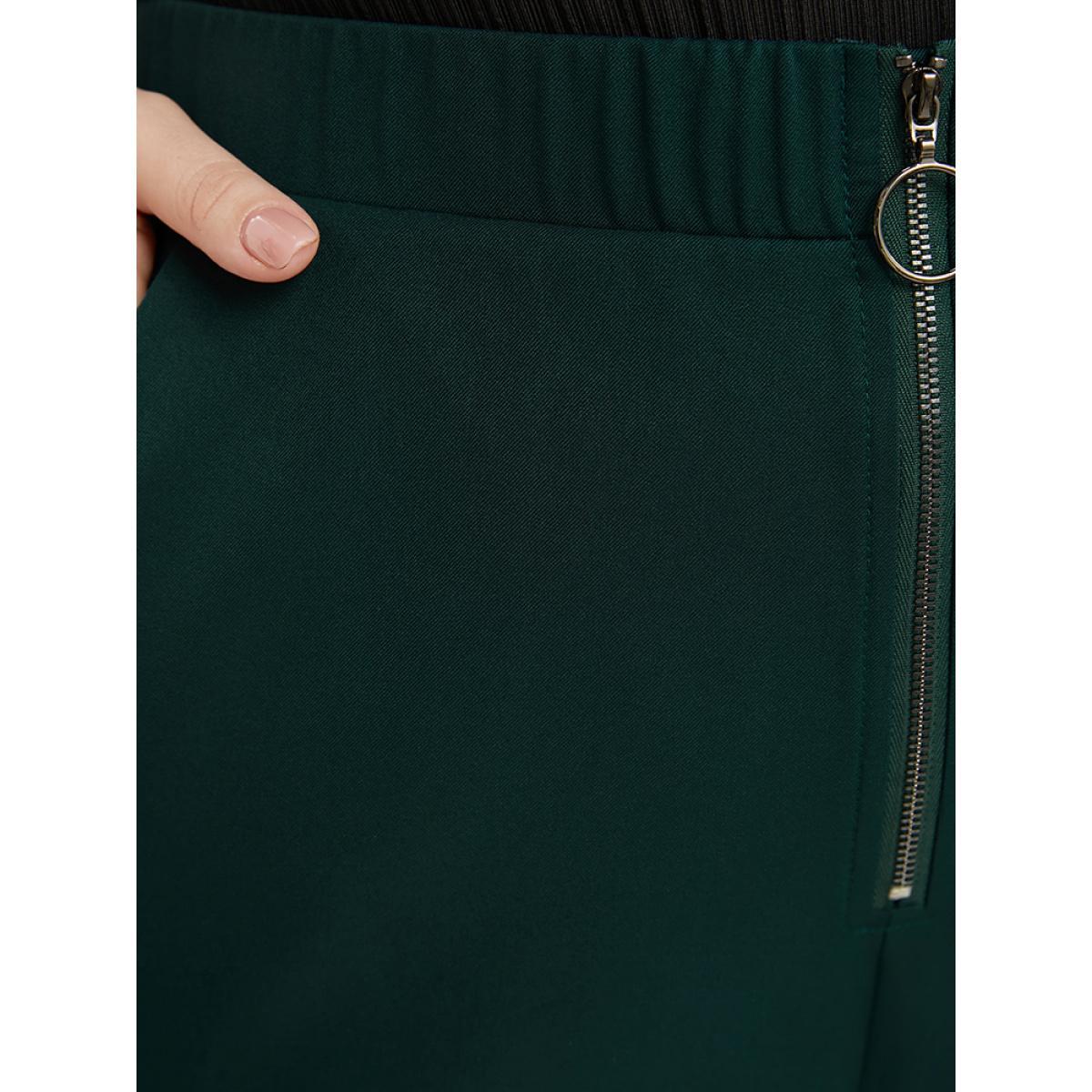 Plus Size Solid O Ring Zipper Pocket Elastic Waist Wide Leg Pants Women DarkGreen Office Wide Leg High Rise Work Pants BloomChic 26/4X Product Image