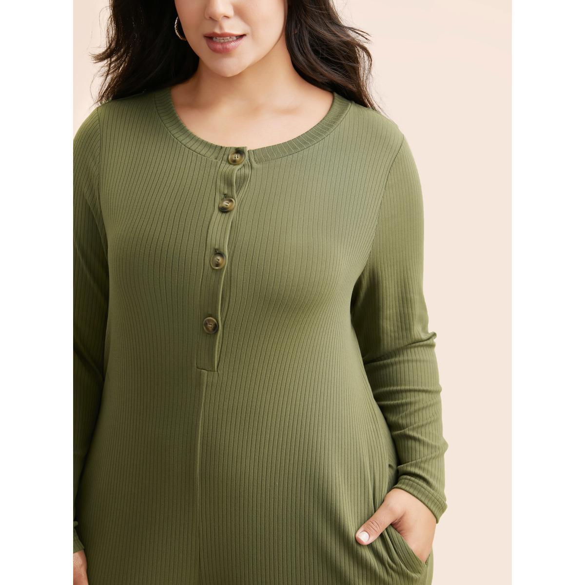 Plus Size ArmyGreen Supersoft Essentials Front Placket Onesie Women Casual Long Sleeve Round Neck Everyday Loose Jumpsuits BloomChic 10/M Product Image