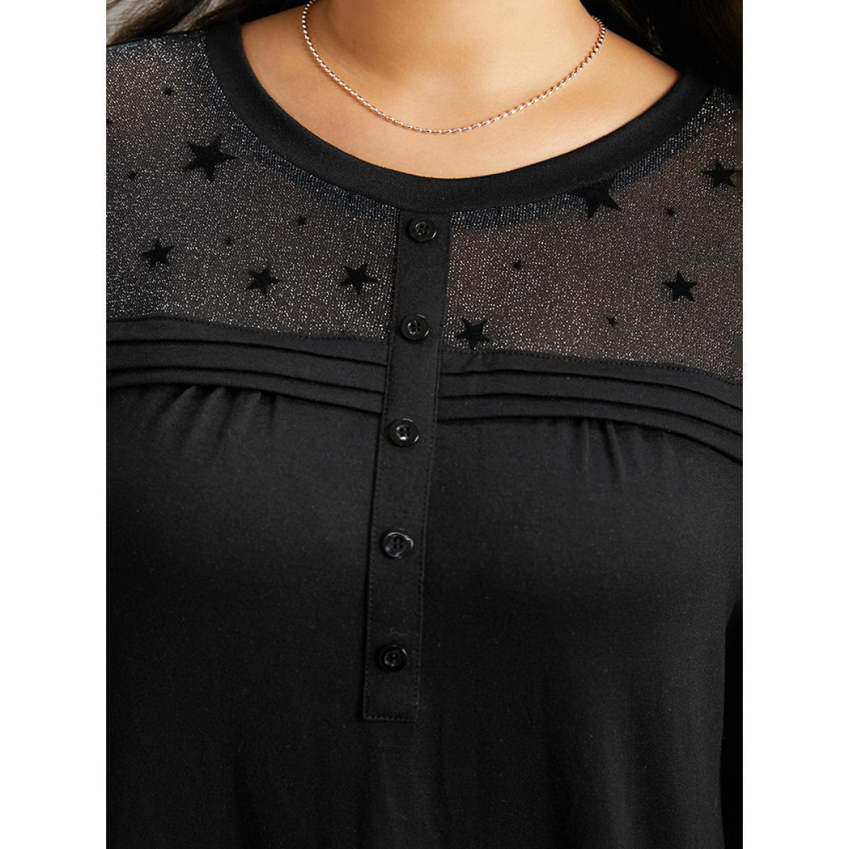 Plus Size Star Mesh Patchwork Button Detail T-shirt Black Women Elegant See through Moon and Star Round Neck Dailywear T-shirts BloomChic 28/5X Product Image