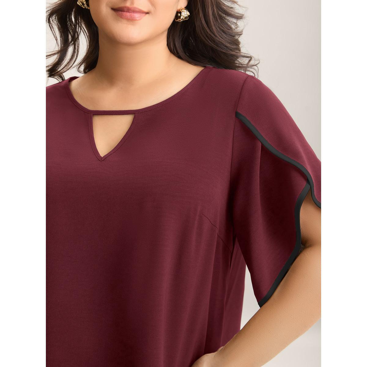 Plus Size Burgundy Color Contrast Petal Sleeve Shirt Women Half Sleeve Round Neck Work Blouses BloomChic 10/M Product Image
