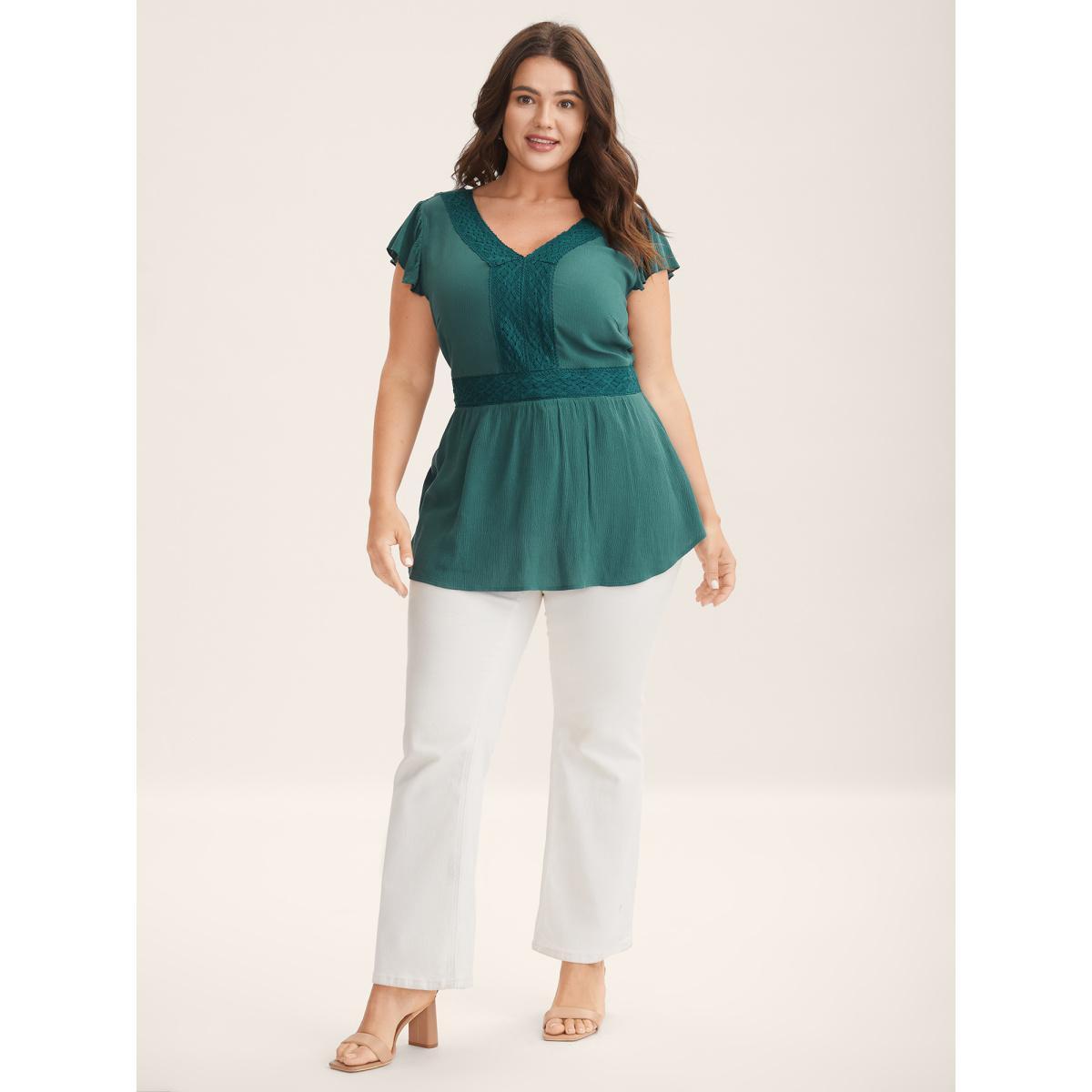 Plus Size Emerald Lace Trim Perfect-Fit Solid Blouse Women Cap Sleeve V-neck Everyday-Elegant Blouses BloomChic 14-16/1X Product Image