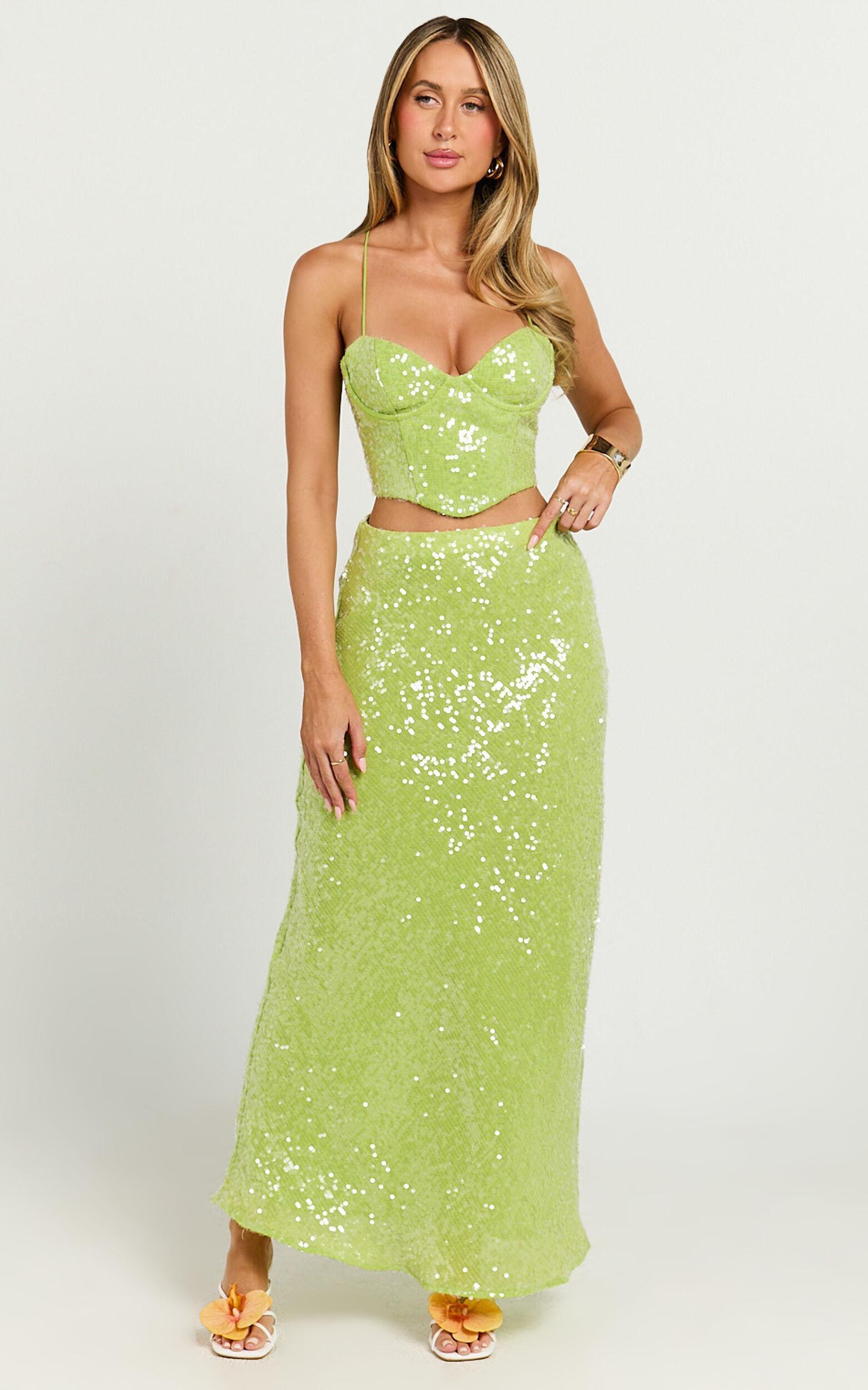 Phoebe Two Piece Set - Corset and Bias Cut Skirt Set in Green Product Image