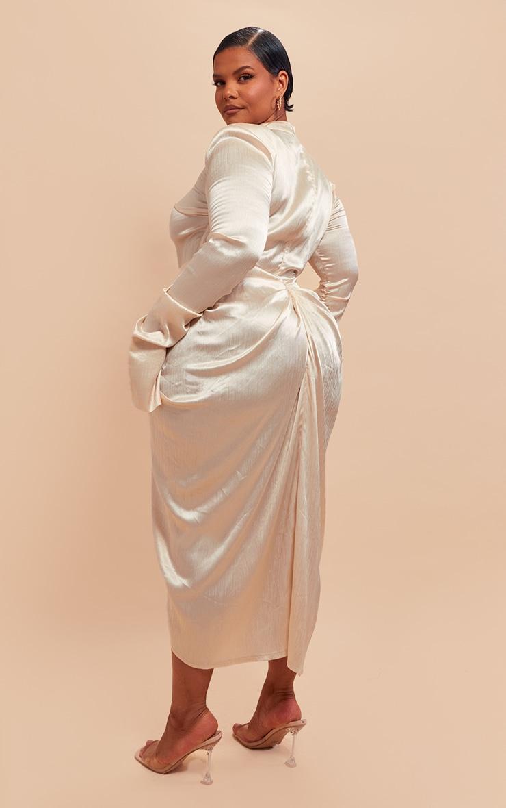 Plus Champagne High Neck Ruching Detail Satin Midi Dress Product Image