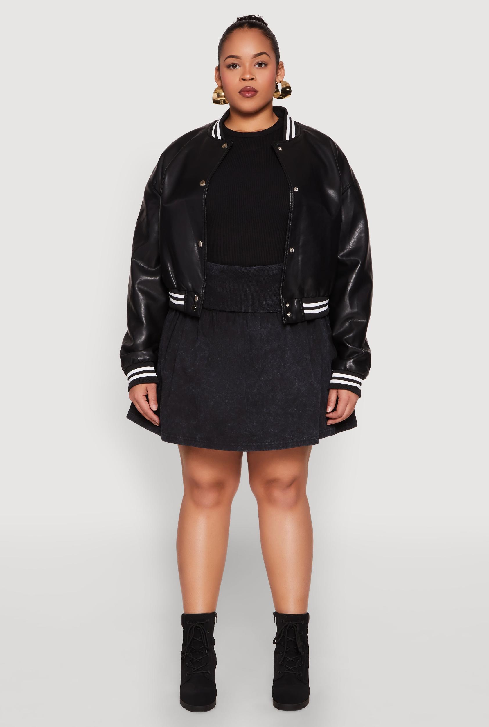 Womens Plus Size Daisy Faux Leather Varsity Jacket Product Image