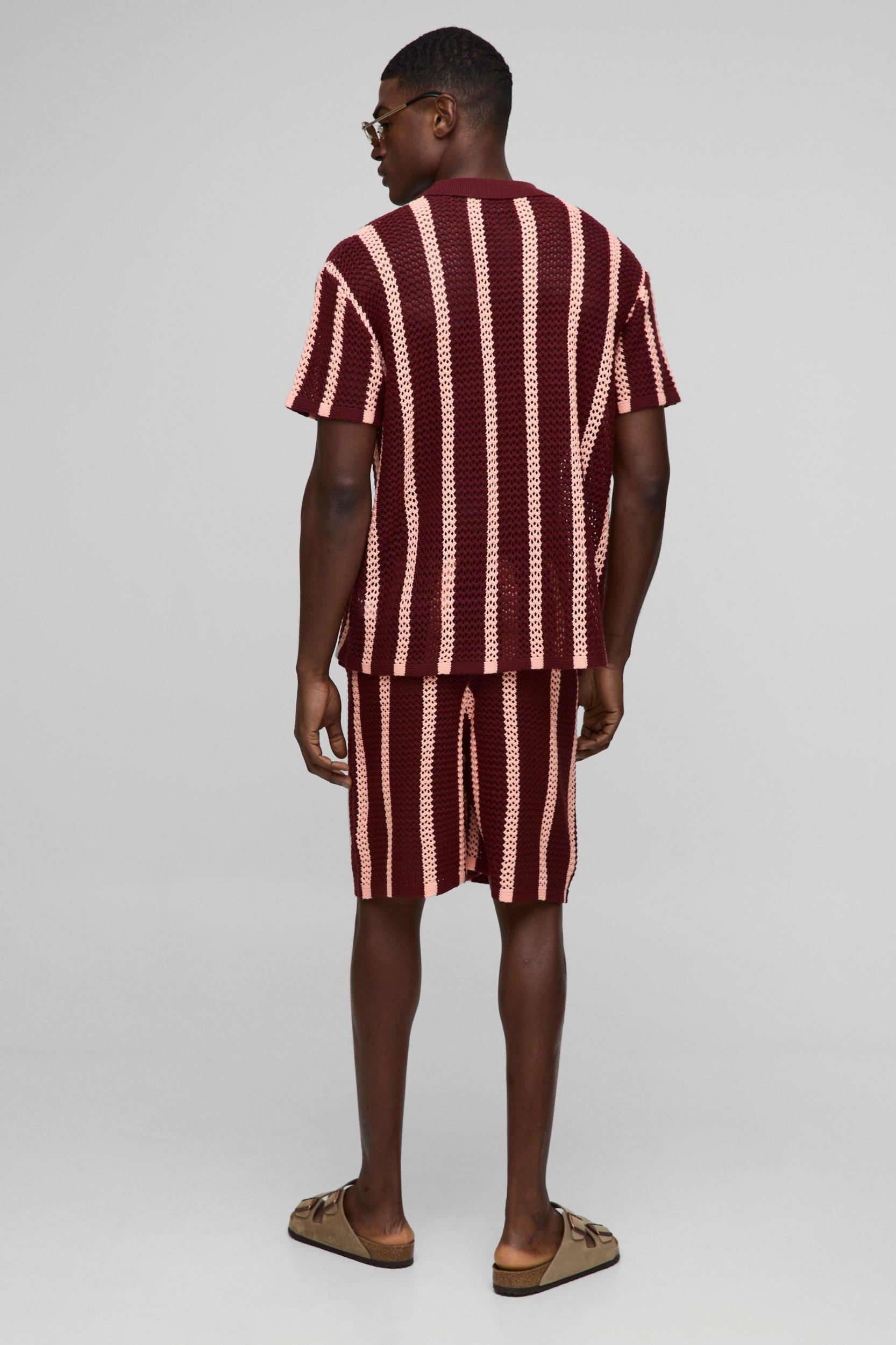 Oversized Open Stitch Stripe Knitted Shirt | boohooMAN USA Product Image