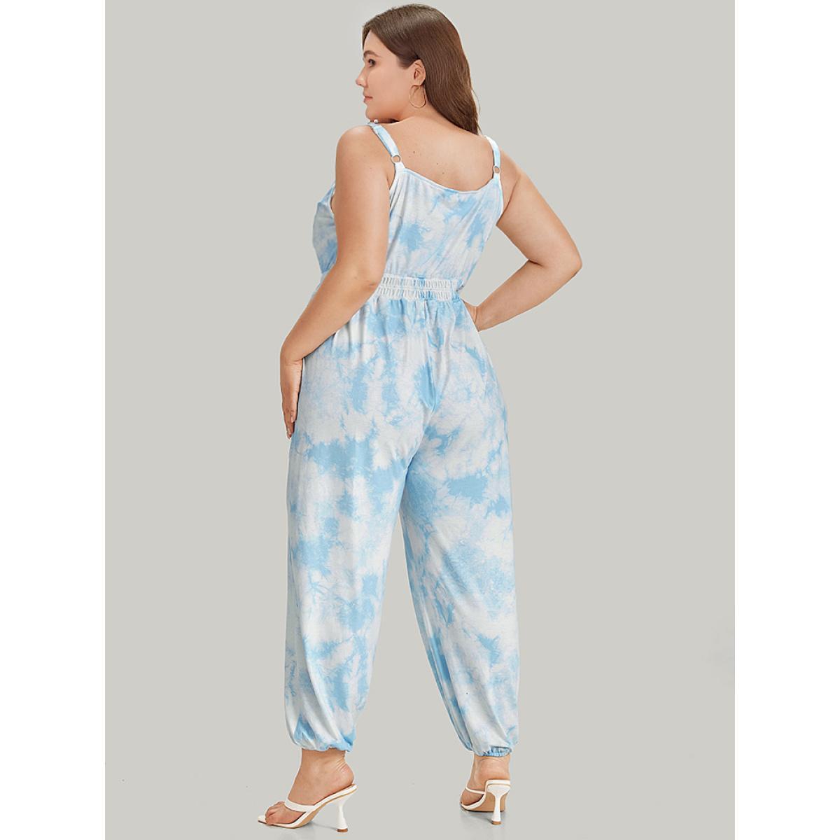 Plus Size LightBlue Tie Dye Pocket Shirred Cami Jumpsuit Women Casual Sleeveless Spaghetti Strap Dailywear Loose Jumpsuits BloomChic 14-16/1X Product Image