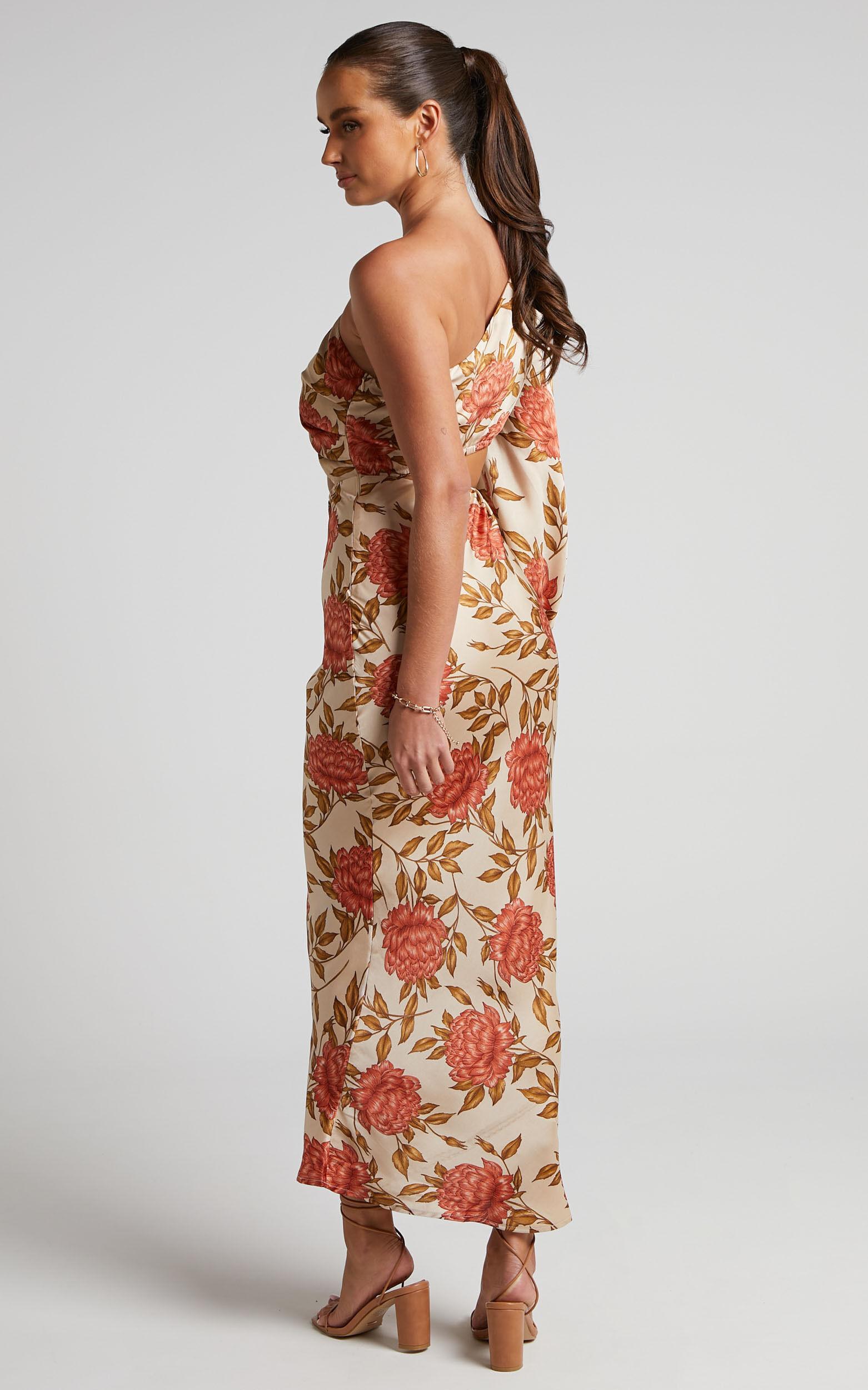 Abagail Midi Dress - One Shoulder Cut Out Dress in Beige Floral Product Image