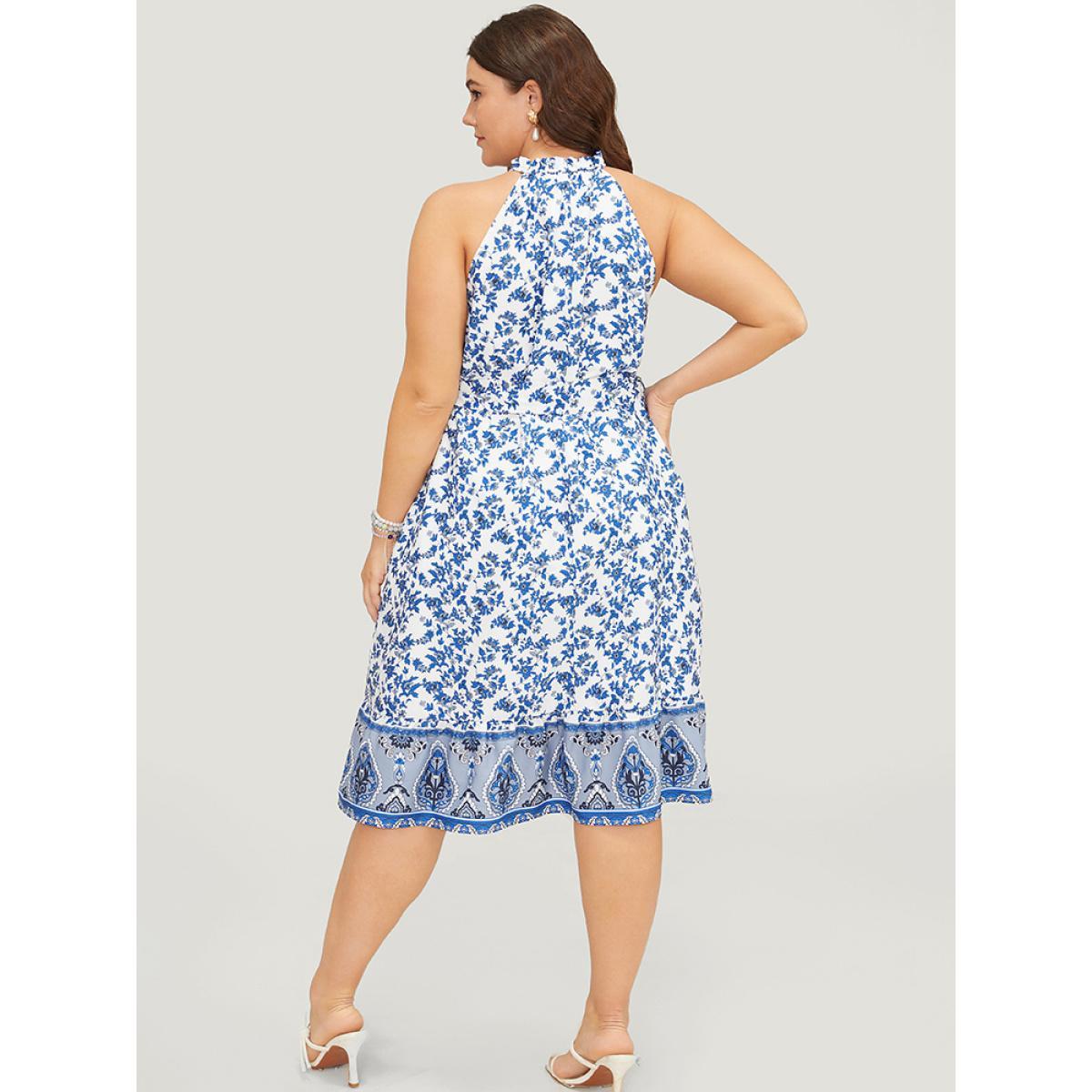 Plus Size Bandana Print Halter Ruffle Hem Pocket Belt Paisley Dress Indigo Women Vacation Belted Halter neck Sleeveless Curvy Knee Dress BloomChic 26/4X Product Image