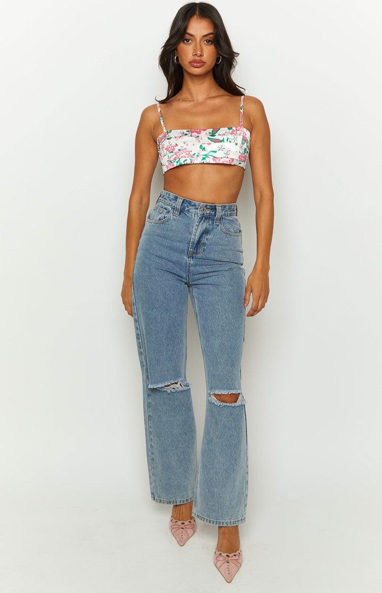 Miranda White Floral Tie Back Satin Crop Top Product Image