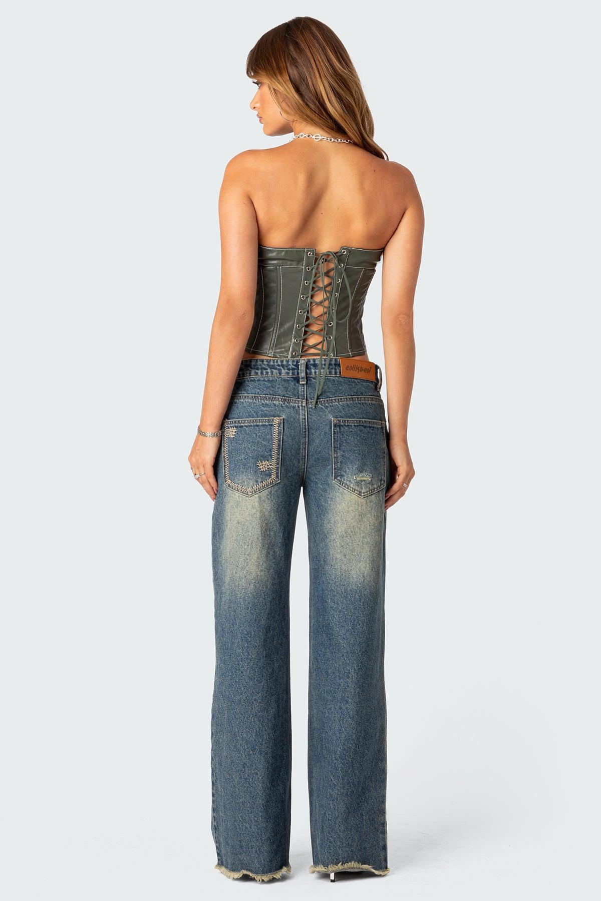 Moss Faux Leather Lace Up Corset Product Image