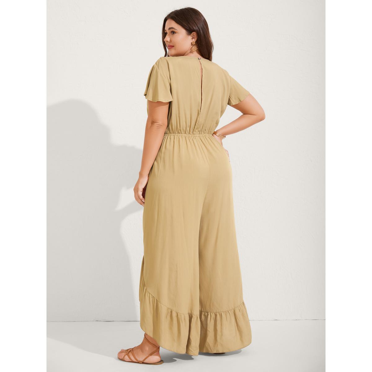 Plus Size Tan Ruffled Asymmetrical Hem Stretchy Jumpsuit Women Cap Sleeve V-neck Vacation Loose Jumpsuits BloomChic 30/6X Product Image
