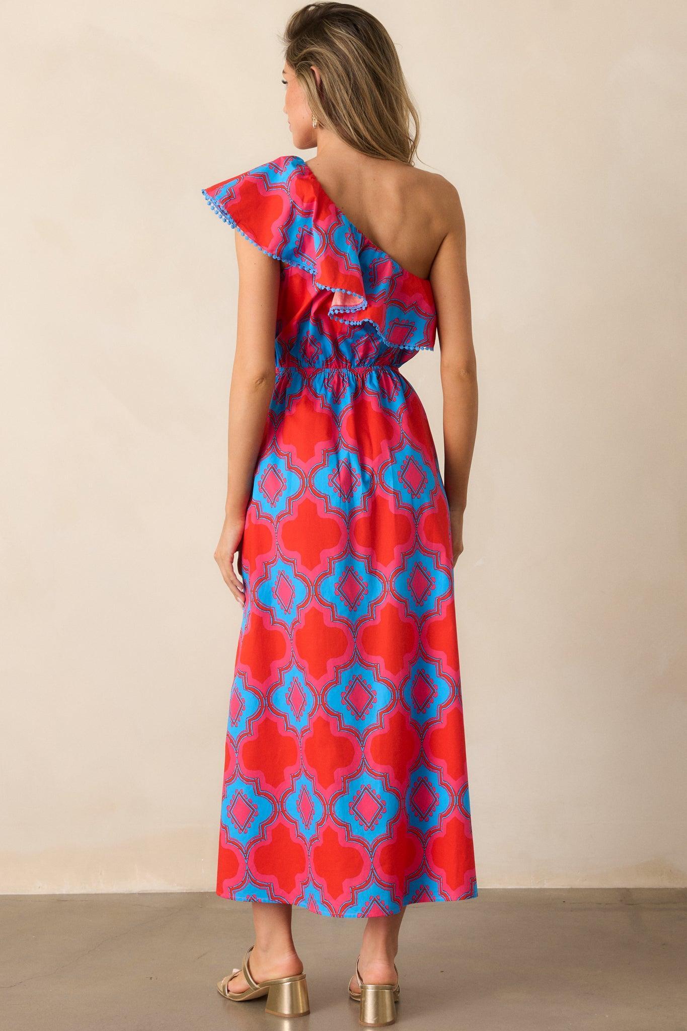 Packing My Bags Cotton Red Multi Print One Shoulder Midi Dress Product Image