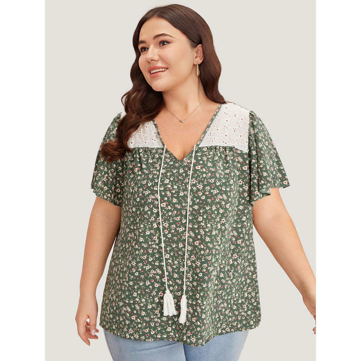Plus Size ArmyGreen Ditsy Floral Patchwork Tassels Ties Flutter Sleeve Blouse Women Elegant Short sleeve V-neck Dailywear Blouses BloomChic 22-24/3X Product Image