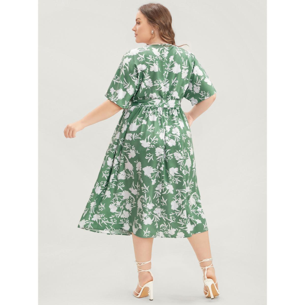 Plus Size Floral Dolman Sleeve Pocket Belted Wrap Asymmetrical Flutter Dress Mint Women Elegant Belted V-neck Half Sleeve Curvy Midi Dress BloomChic 26/4X Product Image