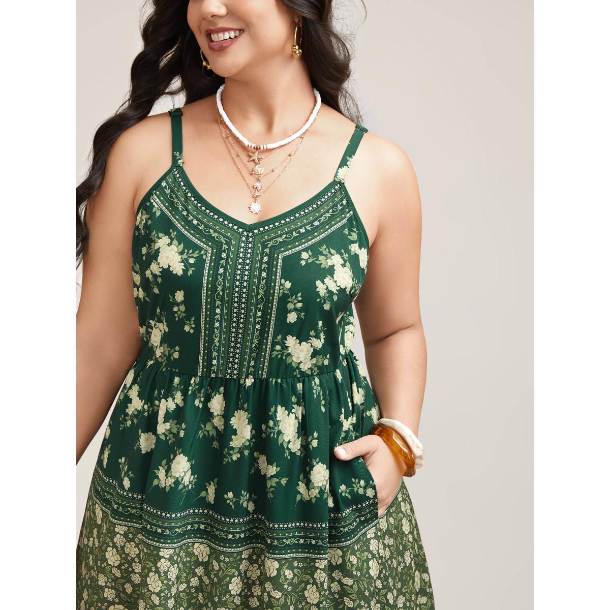 Plus Size Floral Print Off Sleeve Pockets Midi Dress DarkGreen Women Resort Non V-neck Sleeveless Curvy BloomChic 28/5X Product Image