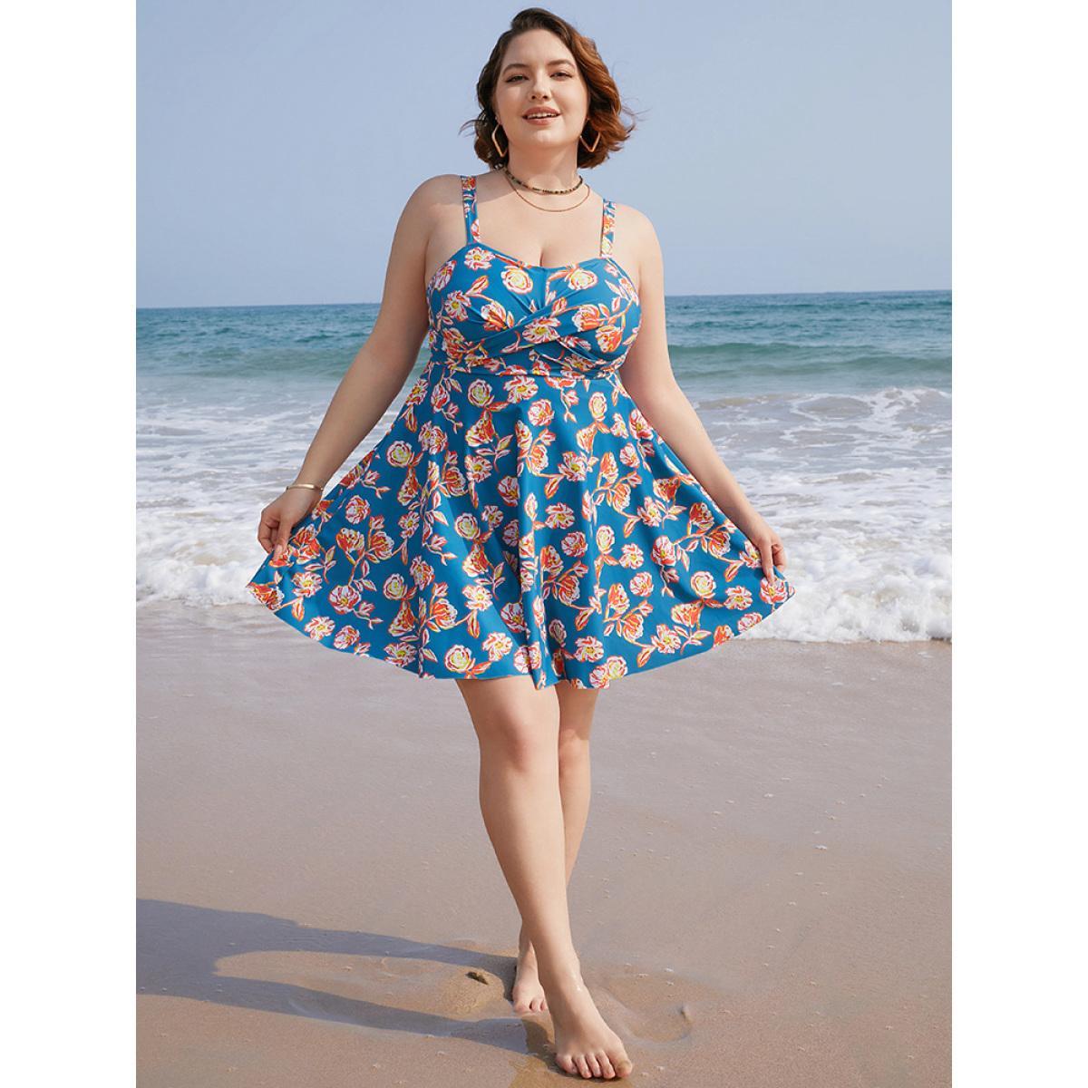 Plus Size Floral Contrast Crossover Front Ruffles Adjustable Straps Swim Dress Women's Swimwear Blue Vacation Bodycon High stretch Curve Swim Dresses BloomChic 22-24/3X Product Image