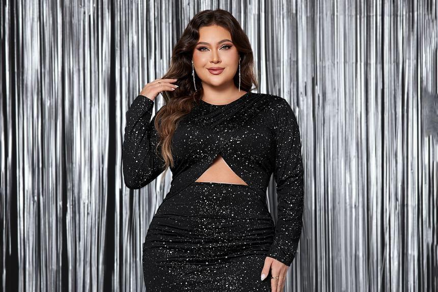 Long Sleeve Round Neck Plain Glitter Cutout Midi Sheath Dress Product Image
