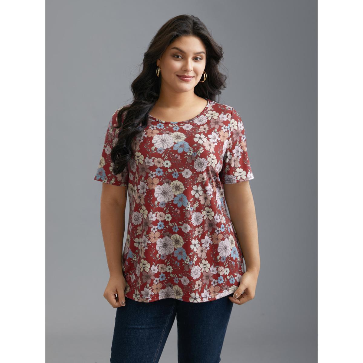 Plus Size Crew Neck Floral Print Stretchy T-Shirt Burgundy Women Casual Contrast Natural Flowers Round Neck Everyday T-shirts BloomChic 30/6X Product Image