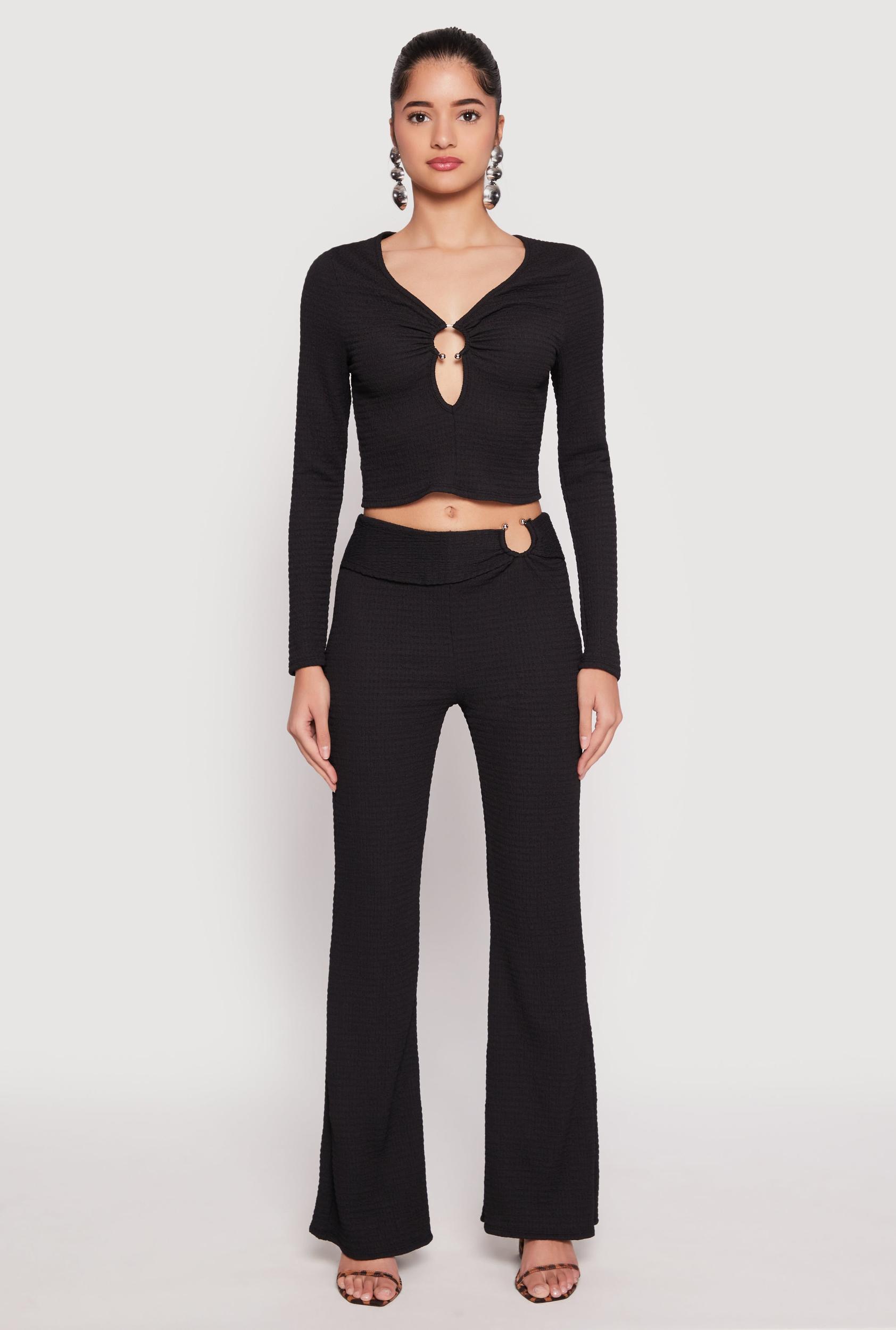 Womens Textured Knit O Ring Waist Flare Pants Product Image