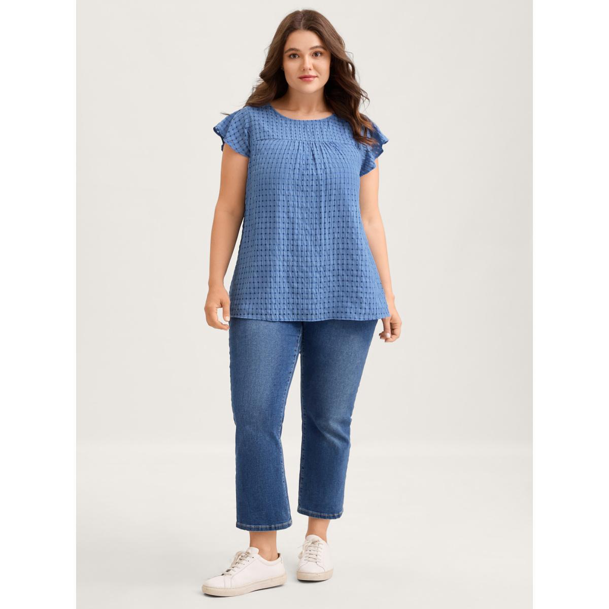 Plus Size Bluepurple Textured Sheer Lined Flutter Sleeve Blouse Women Cap Sleeve Round Neck Everyday-Casual Blouses BloomChic 30/6X Product Image