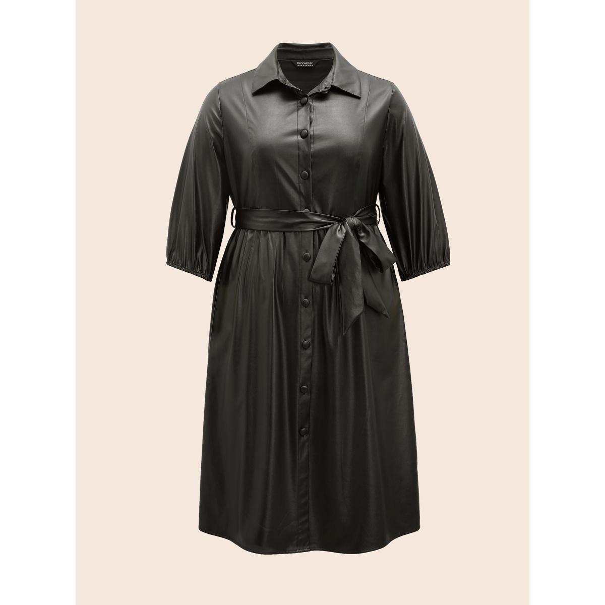 Plus Size Shirt Collar PU Leather Belted Dress Black Women Elegant Belted Shirt collar Elbow-length sleeve Curvy BloomChic 26/4X Product Image