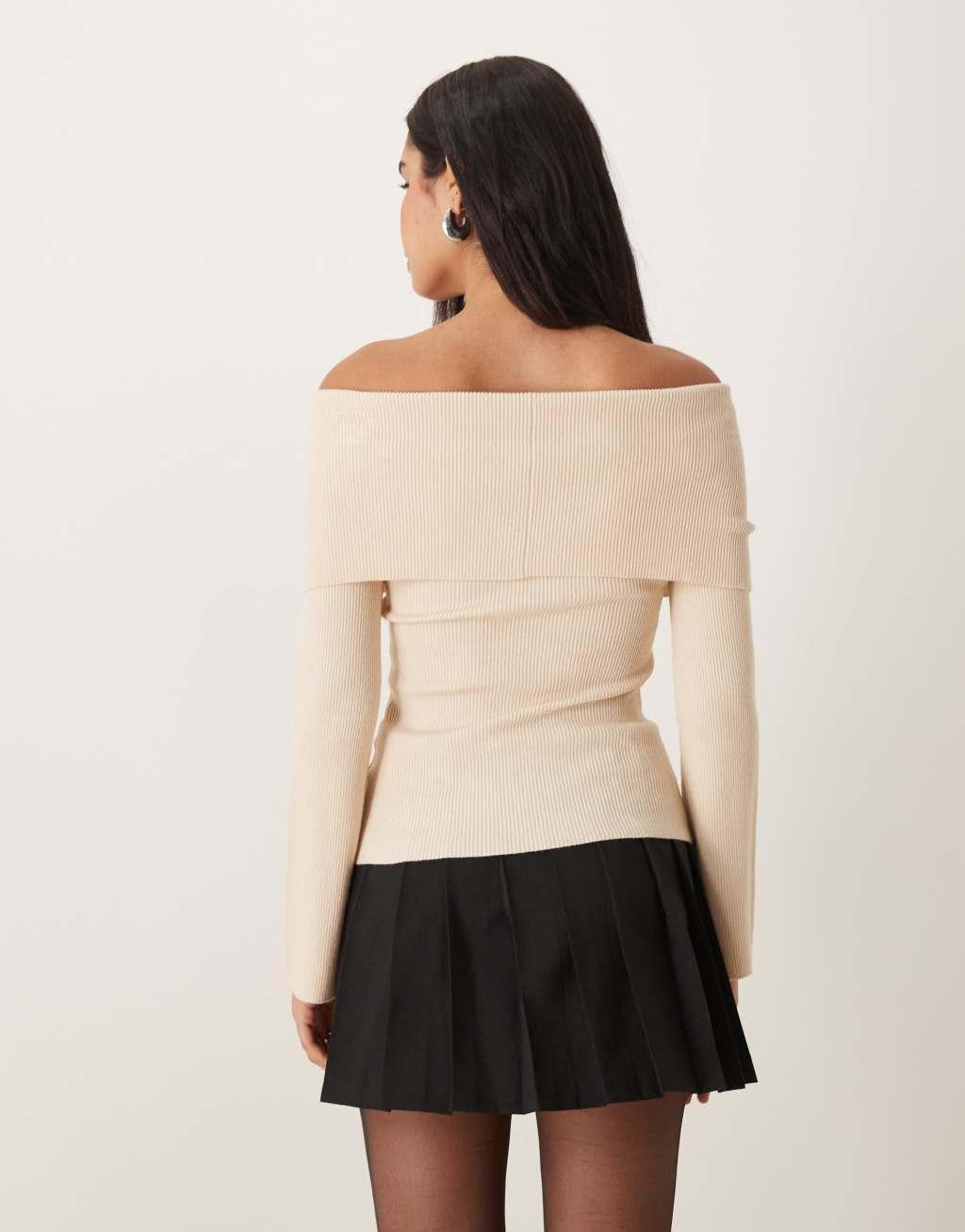 Pretty Lavish button front off the shoulder knit top in oatmeal Product Image